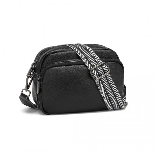 Miss Lulu Genuine Leather Crossbody Shoulder Bag with Jacquard Woven Strap - Black - BEYRUN