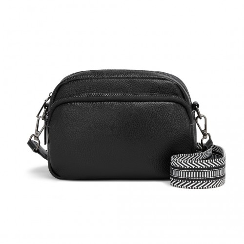 Miss Lulu Genuine Leather Crossbody Shoulder Bag with Jacquard Woven Strap - Black - BEYRUN