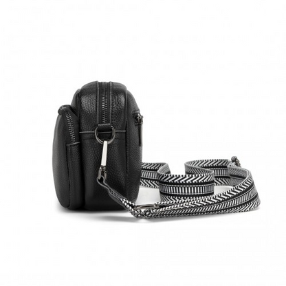 Miss Lulu Genuine Leather Crossbody Shoulder Bag with Jacquard Woven Strap - Black - BEYRUN