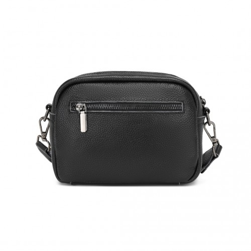 Miss Lulu Genuine Leather Crossbody Shoulder Bag with Jacquard Woven Strap - Black - BEYRUN