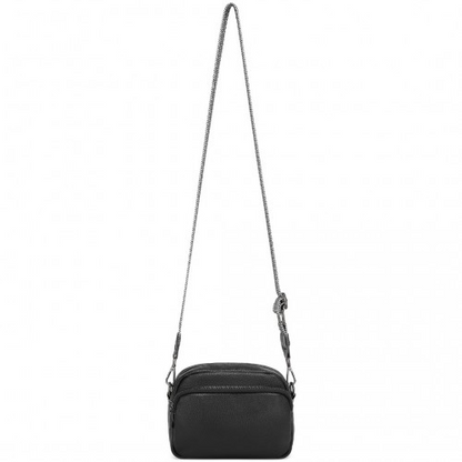 Miss Lulu Genuine Leather Crossbody Shoulder Bag with Jacquard Woven Strap - Black - BEYRUN