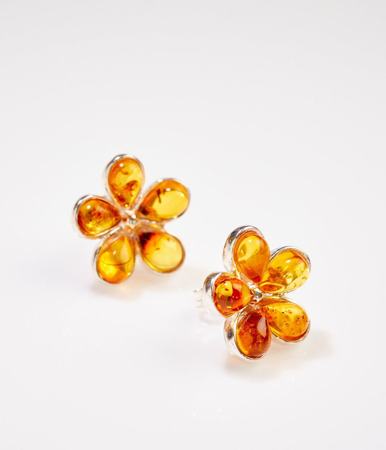 Amber Daisy Stud Earrings - Handcrafted Sterling Silver with Baltic Amber - BEYRUN