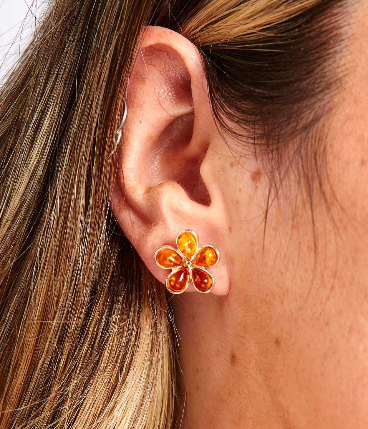 Amber Daisy Stud Earrings - Handcrafted Sterling Silver with Baltic Amber - BEYRUN