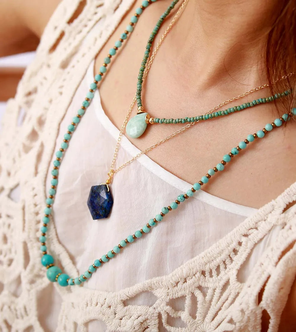 Handmade Seed Beads Teardrop Pendant Necklaces - Natural Stone Choker with Amazonite, Lapis Lazuli, or Red Jasper - BEYRUN