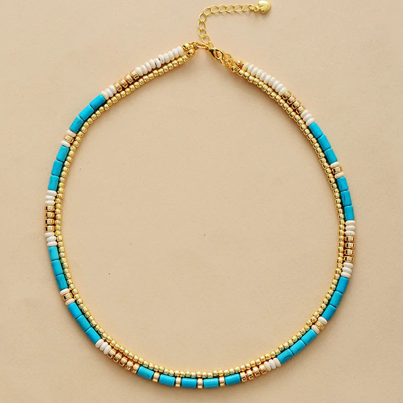 Elegant Turquoise & Gold Seed Beads Choker Necklace - Handcrafted Bohemian Jewelry - BEYRUN