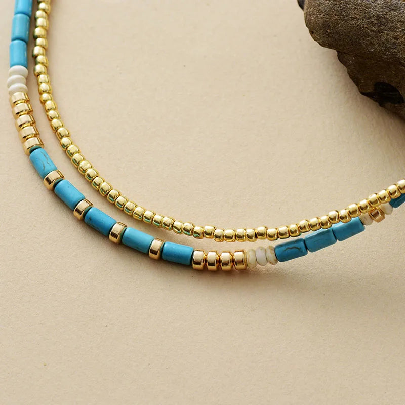 Elegant Turquoise & Gold Seed Beads Choker Necklace - Handcrafted Bohemian Jewelry - BEYRUN