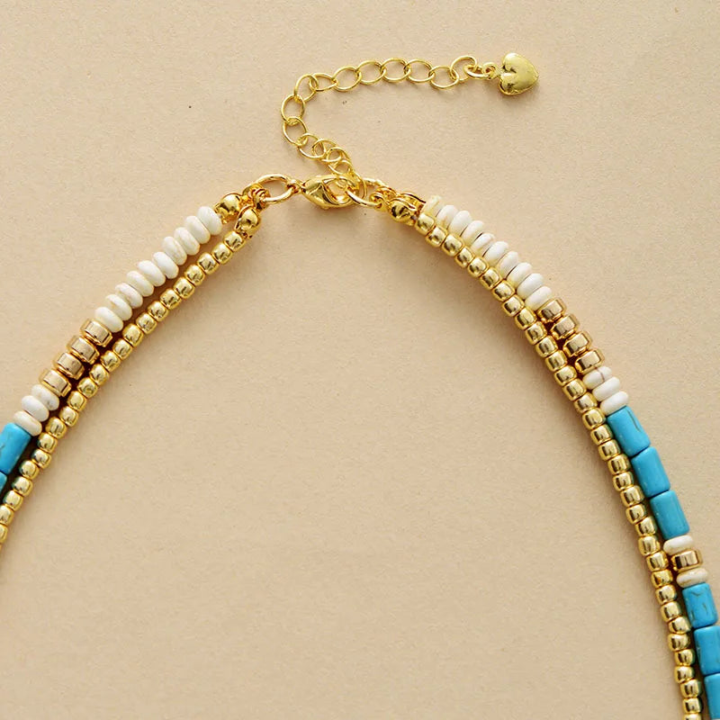 Elegant Turquoise & Gold Seed Beads Choker Necklace - Handcrafted Bohemian Jewelry - BEYRUN