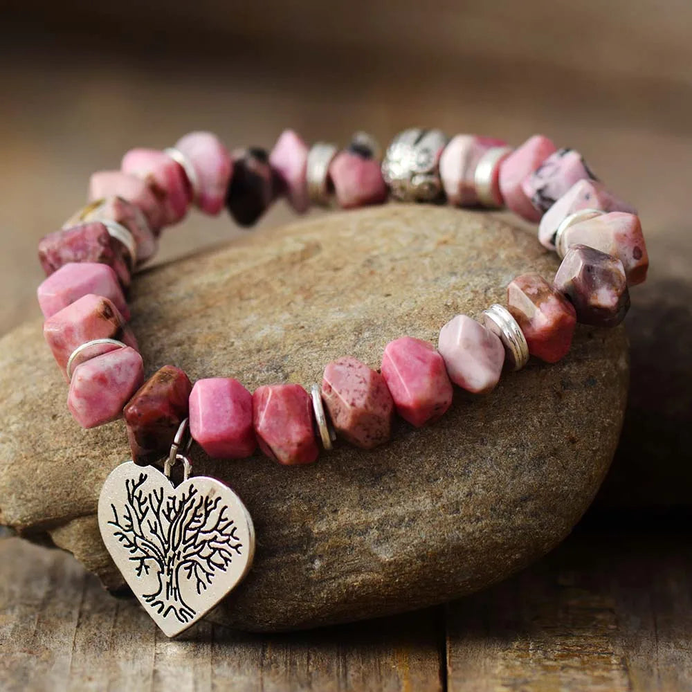 Tree of Life Rhodonite Stretch Bracelet - Handmade, Vegan & Cruelty-Free - BEYRUN