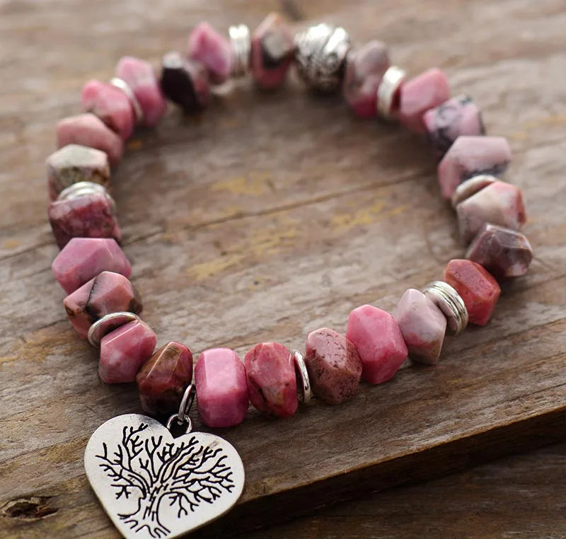 Tree of Life Rhodonite Stretch Bracelet - Handmade, Vegan & Cruelty-Free - BEYRUN