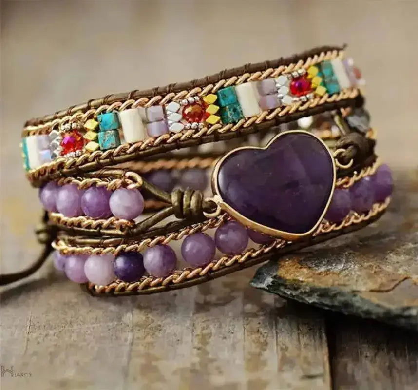 Amethyst Heart Wrap Bracelet - Handcrafted Bohemian Style, Adjustable Serenity Bracelet