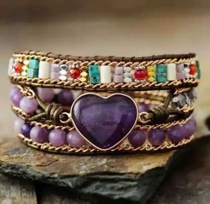 Amethyst Heart Wrap Bracelet - Handcrafted Bohemian Style, Adjustable Serenity Bracelet