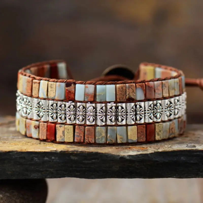 Earth Antique Statement Wristband Bracelet - Handmade Natural Stone & Metal Beads | Vegan & Bohemian Style