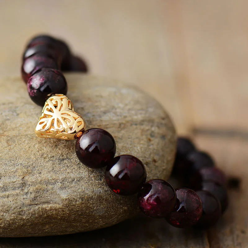 Garnet Heart Charm Premium Bracelet | Handcrafted Bohemian Elegance