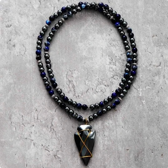 Imperial Jasper & Hematite Steampunk Arrowhead Necklace - Premium Quality Bohemian Ethnic Unisex Jewelry