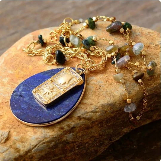 Lapis Lazuli Teardrop Necklace - Bohemian Ethnic Jewelry with Zirconia & Agate Stones | 19.7" Gold Plated Copper Chain