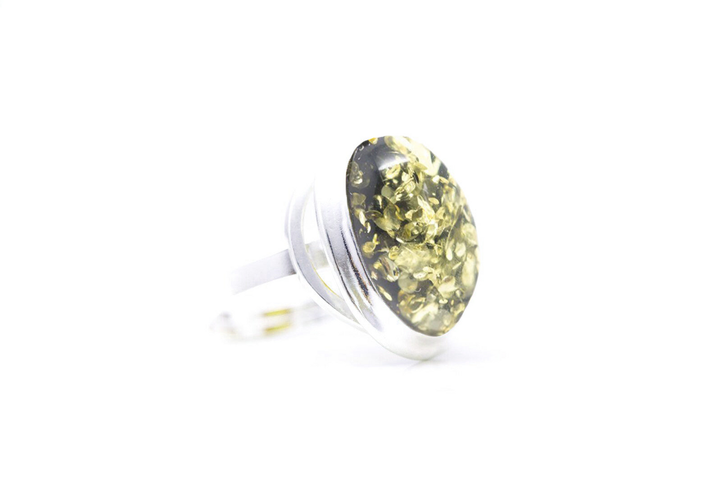 Classic Oval Ring with Green Amber - Adjustable Sterling Silver (Defective - Lightly Scratched)