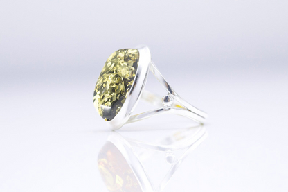 Classic Oval Ring with Green Amber - Adjustable Sterling Silver (Defective - Lightly Scratched)