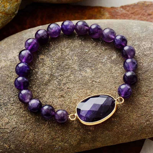 Handmade Amethyst Beaded Elastic Bracelet - Natural Stone Jewelry