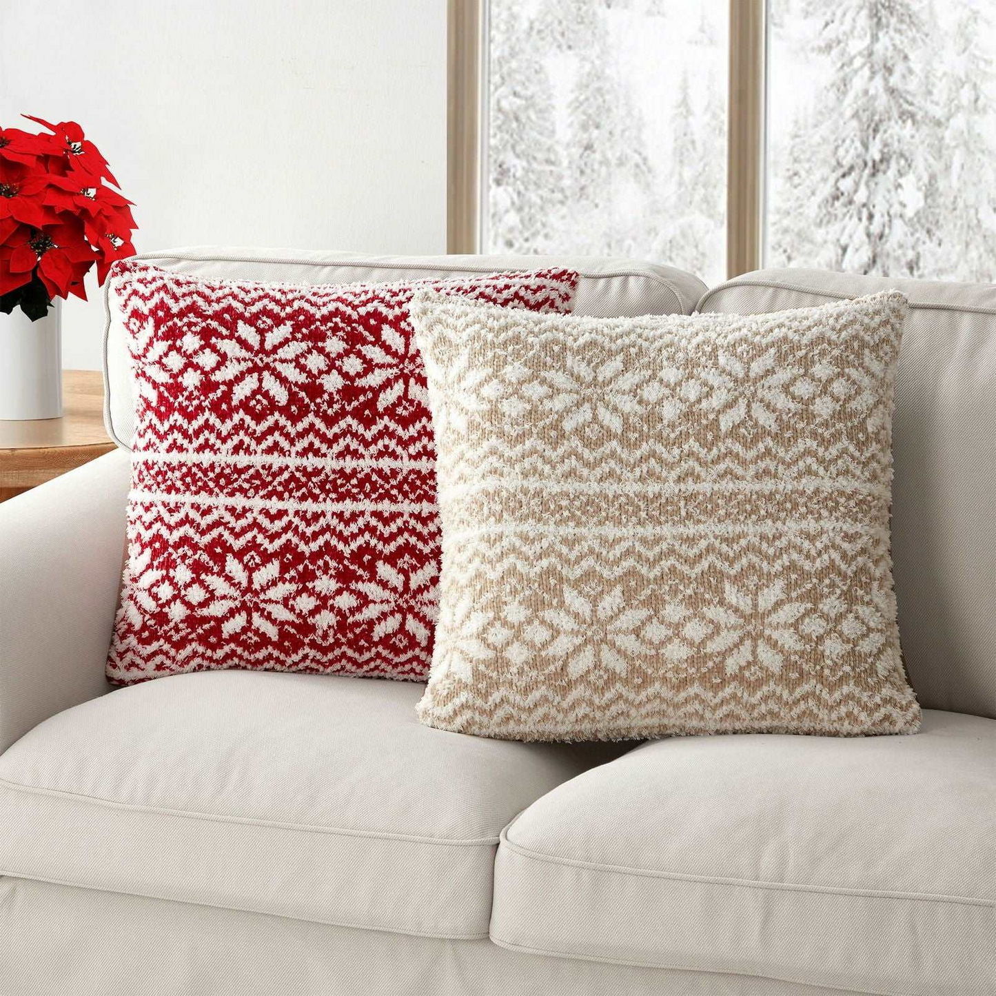 Festive Christmas Snowflake Decorative Pillow Cover - Luxurious Knitted Plush - Hidden Zipper - Holiday Home Decor, 45x45cm (Red, Taupe)