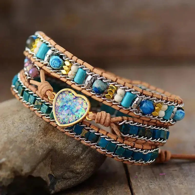 Stunning Blue Heart Opal Leather Bracelet - Handcrafted Bohemian Style Jewelry | Elegant & Unique Gift