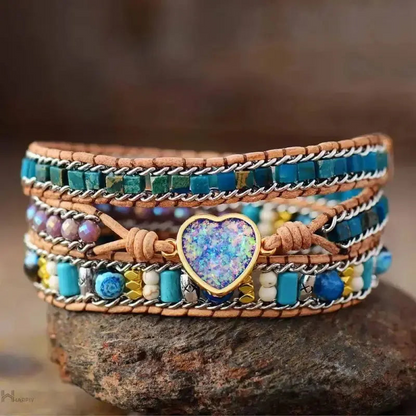 Stunning Blue Heart Opal Leather Bracelet - Handcrafted Bohemian Style Jewelry | Elegant & Unique Gift