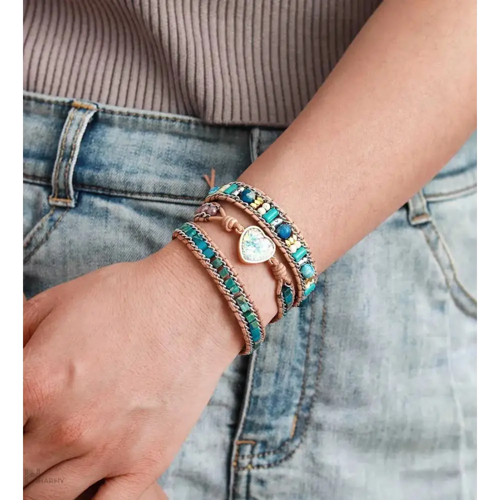 Stunning Blue Heart Opal Leather Bracelet - Handcrafted Bohemian Style Jewelry | Elegant & Unique Gift