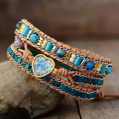 Stunning Blue Heart Opal Leather Bracelet - Handcrafted Bohemian Style Jewelry | Elegant & Unique Gift