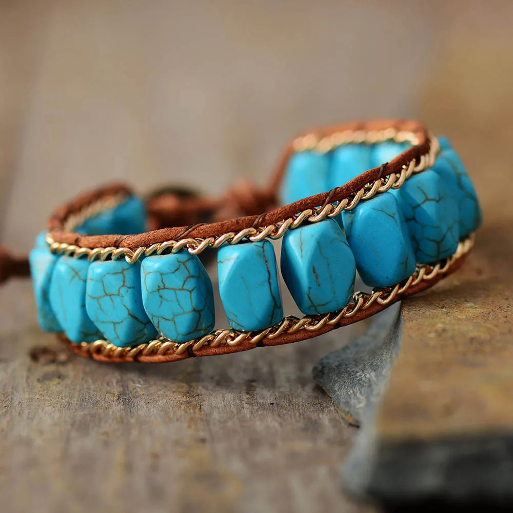 Handmade Gold Chain Turquoise Boho Bracelet - Adjustable Unisex Jewelry | Perfect Bohemian Accessory