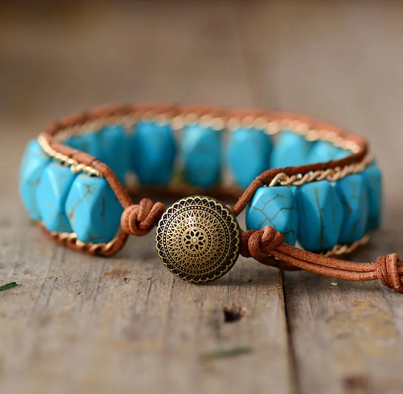 Handmade Gold Chain Turquoise Boho Bracelet - Adjustable Unisex Jewelry | Perfect Bohemian Accessory