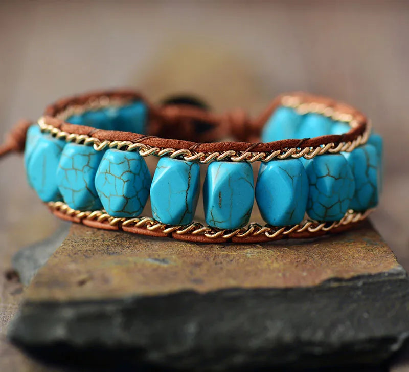 Handmade Gold Chain Turquoise Boho Bracelet - Adjustable Unisex Jewelry | Perfect Bohemian Accessory