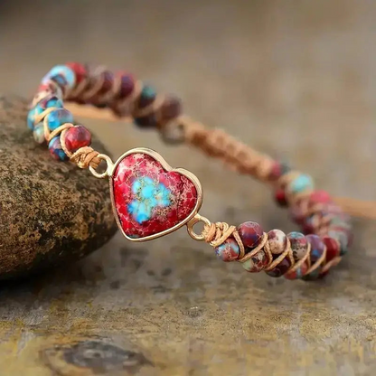 Imperial Jasper Heart Charm Macrame Bracelet - Handcrafted Gemstone Jewelry for Tranquillity & Balance